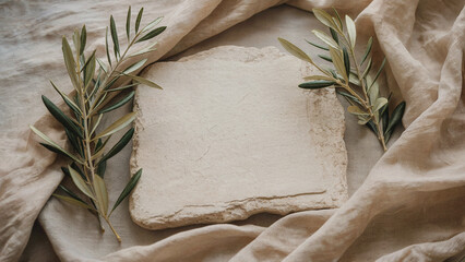 Natural olive branches frame a textured sheet of paper against a background of linen fabric - the aesthetics of minimalism and natural harmony in the frame.