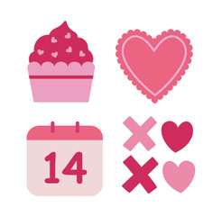Valentine's Day themed set.
Includes a heart, an XOXO, a calendar, and cupcakes.
Flat vector illustration.