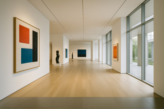 Modern art gallery with abstract paintings and sculptures displayed