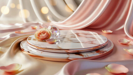 An elegant marble podium of two round tiers against a background of flowing beige fabric. Ideal for the presentation of premium products - combines luxury and minimalism.