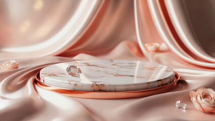 An elegant marble podium of two round tiers against a background of flowing beige fabric.