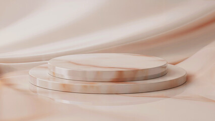 An elegant marble podium of two round tiers against a background of flowing beige fabric. Ideal for the presentation of premium products - combines luxury and minimalism.