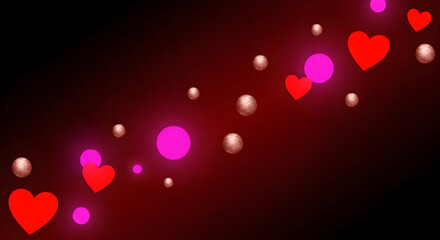 Abstract red and pink hearts and bokeh lights on dark background
