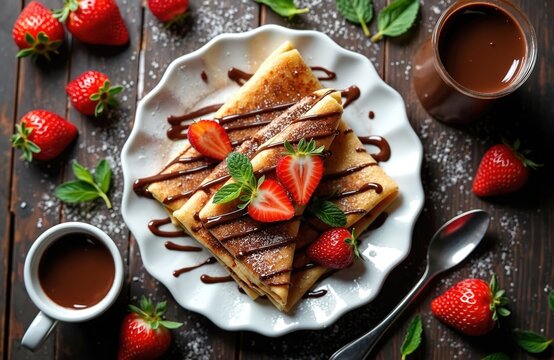 Thin crepes folded with fresh strawberries, rich chocolate sauce on white plate. Powdered sugar, mint garnish. Whole berries, extra chocolate drinks, spoon sit on dark wooden table. Sweet dessert