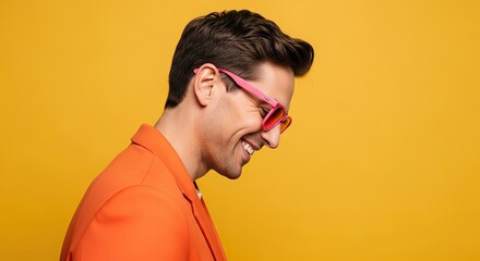 Joyful man wearing stylish orange blazer and pink glasses smiling happily against a vibrant yellow background