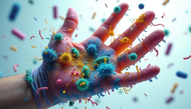 Human hand covered in colorful bacteria and virus particles. Microscopic germs spread on skin surface. Unseen microbes float around fingers, palm. Disease and infection hazard.