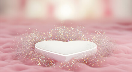 Empty white heart shaped pedestal on a soft pink background with glitter
