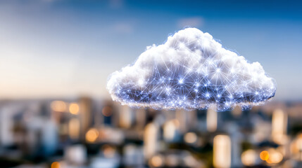 A futuristic cloud representing data storage and connectivity over a bustling city skyline, symbolizing digital transformation.