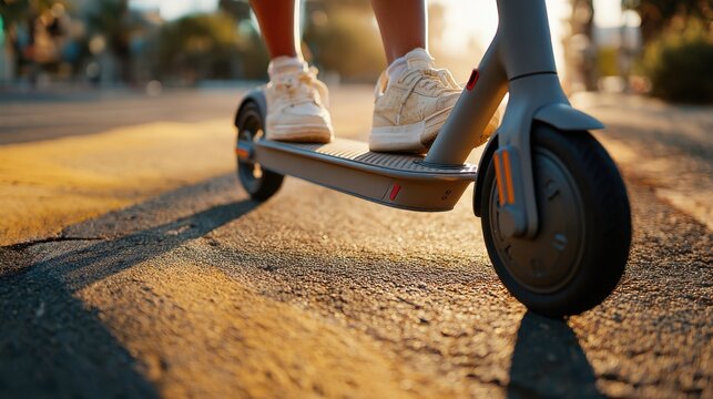 Electric Scooter rider feet on city street at sunrise – confident mood – cinematic closeup street photography – urban mobility and eco commute