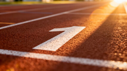 Close-up view of lane one on a sunlit running track, ideal for motivational sports ads or fitness promotions.