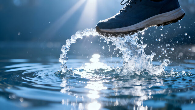 Dynamic runner splashing through water in soft morning light, capturing motion. Perfect for fitness promotions or outdoor exercise themes.