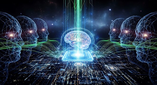 Futuristic digital intelligence network processing vast amounts of data, symbolizing advanced computing, cognitive systems, and the interconnectedness of minds and machines
