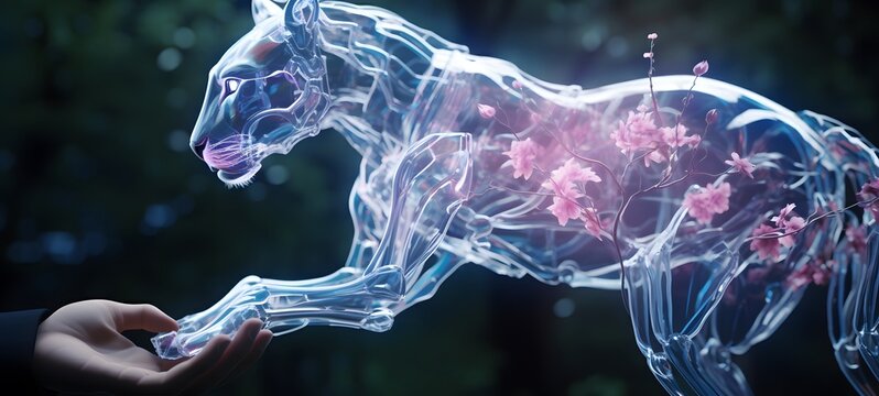 A liger , a small creature made of glass that is sitting in the palm of your hand ,generative AI