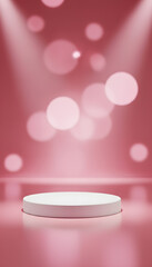 Empty white podium illuminated by soft pink spotlights and bokeh lights