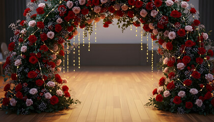 Elegant floral archway with cascading lights for wedding or event