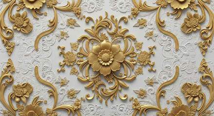 Gold and White Floral Relief 3D wallpaper, 3D Wall Mural, Motif Illustration, textile tile wall art
