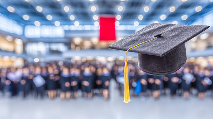A graduation cap hovers in the foreground against a blurred crowd celebrating academic success in a bright venue.