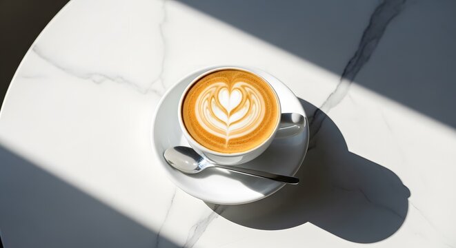 Latte Art Coffee with Heart Shape on Marble Table - Powered by Adobe