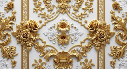 Gold and White Floral Relief 3D wallpaper, 3D Wall Mural, Motif Illustration, textile tile wall art
