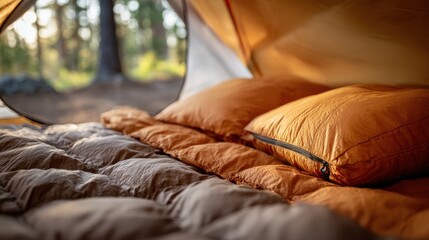 Camping Tent Interior Cozy Dawn Scene — Warm Sleeping Bag and Pillow, Tranquil Outdoor Mood, Soft Natural Light, Shallow Depth, Lifestyle Travel Stock for Camping Gear