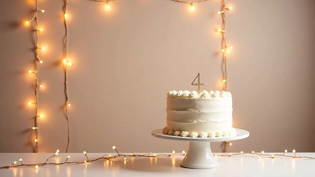 Celebrate a special fourth birthday with a beautifully frosted cake adorned with warm, twinkling fairy lights creating a magical, festive atmosphere for any party