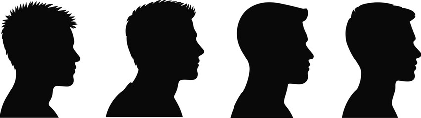 Male profile silhouette collection, stylish men head side view vector illustration with different hairstyles for barbershop design, 