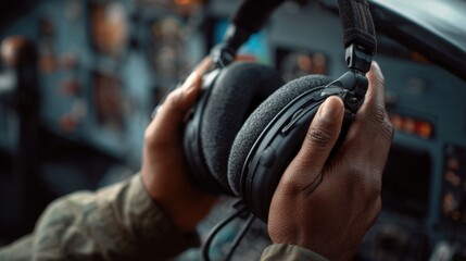 Pilot in cockpit holding aviation headset, calm focused hands close-up, shallow depth of field, conveying confidence and safety communication for aircraft operations, training, and aviation