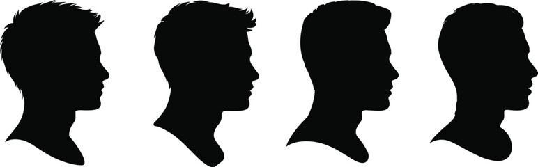 Male profile silhouette collection, men head side view vector illustration with modern hairstyles for barbershop, fashion design, cad drawing flat vector illustration
