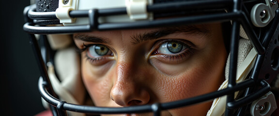 Female football player with intense eyes in a helmet close-up