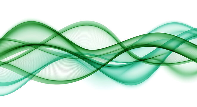 Abstract green wave flow banner design with transparent layered curves on a clean white background, symbolizing energy and nature