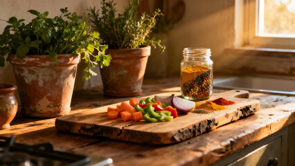 Rustic kitchen countertop adorned with fresh vegetables and spices, ideal for food photography and healthy cooking inspiration.