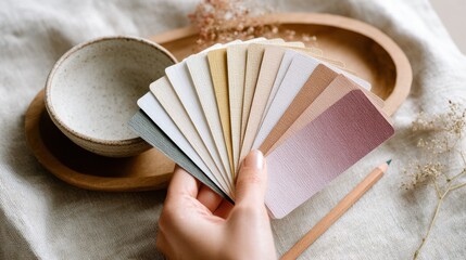 Color Palette Selection – Calm Hand Presenting Neutral Paper Swatches in Minimal Scandinavian Still Life for Interior Design, Branding, and