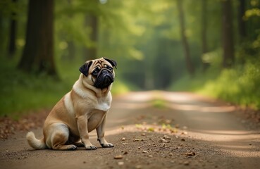 Pug sits on forest path. Canine pet enjoys nature walk. Dog rests along trail in woods. Small purebred breed explores eco woods. Happy animal in nature. The dog is cute and funny