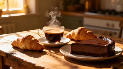 Indulge in a cozy setup featuring a steaming cup of coffee, croissants, and chocolate cheesecake on a rustic table, ideal for afternoon tea.