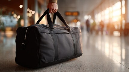 Travel Bag at Airport Terminal — Hand Holding Black Duffel, Calm Anticipation, Warm Sunrise Light, Clean Minimal Style, Stock Image for Journey, Departure, Mobility