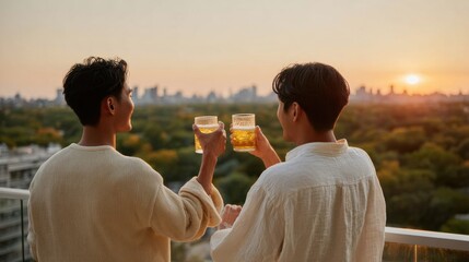 Sunset Balcony Toast – two young men, friends, clinking drinks, happy and relaxed, natural lifestyle photography for celebration and urban leisure with golden hour city