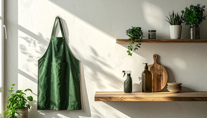 Green apron hanging on white wall with eco spray bottle in minimalist Scandinavian kitchen
