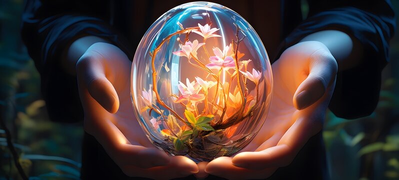 A egg , a small creature made of glass that is sitting in the palm of your hand ,generative AI