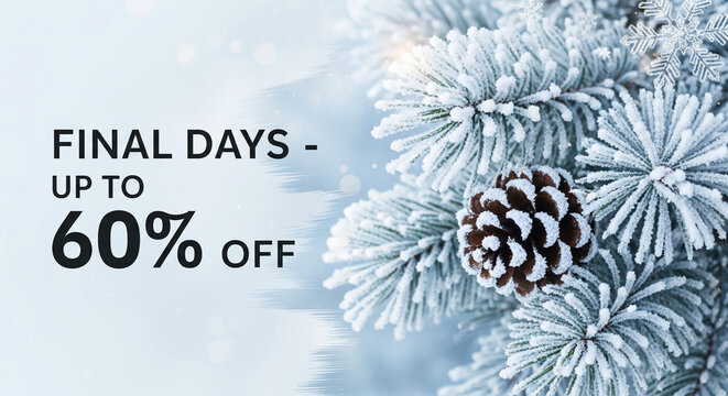Close-up of frosted pine branches with cone, symbolizing winter holiday and festive sale event, offering discount, promotion, and shopping opportunity - Powered by Adobe