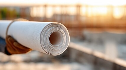 Construction blueprint held by gloved engineer, confident focus in golden sunset bokeh, professional industrial style for architecture planning, project management, and infrastructure development