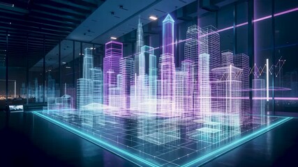 Futuristic real estate planning with a digital city blueprint display showing market analytics, growth indicators, and development insights for investment, strategy, and property forecasting. - Powered by Adobe