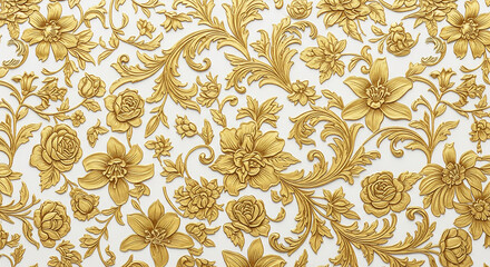 Gold and White Floral Relief 3D wallpaper, 3D Wall Mural, Motif Illustration, textile tile wall art
