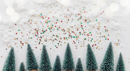 Miniature green tree row on white snowy surface with star-shaped glitter, creating a festive winter scene, representing celebration and holiday spirit