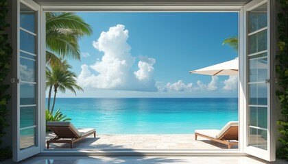Open villa doors frame stunning tropical ocean view. Turquoise sea water meets clear blue sky with white clouds. Green palm trees, sun loungers, umbrella on patio create idyllic vacation scene.