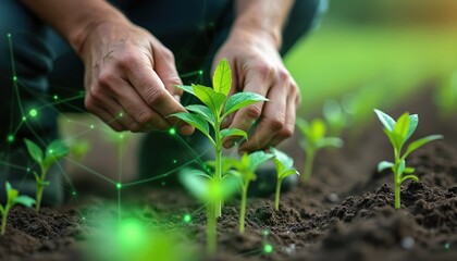 Farmer works with young plant sprouts in soil. Digital network overlay shows smart farming data analysis. Future agriculture tech uses AI for cultivation and growth.