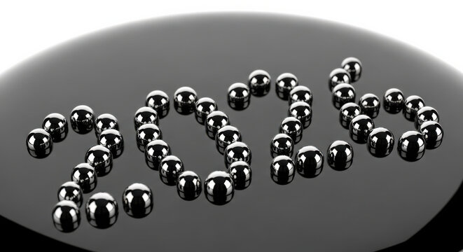 Glistening droplets of mercury forming shape of 2006 on polished black surface