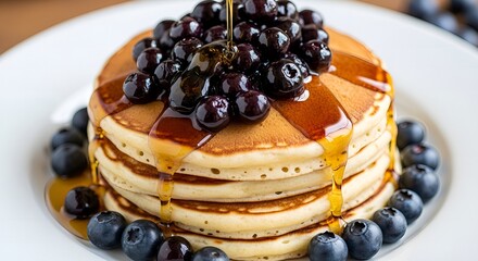 Indulge in a stack of fluffy pancakes drizzled with golden syrup and topped with fresh blueberries for a delicious and comforting breakfast treat