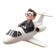 Cartoon businessman flying a private jet with a smile