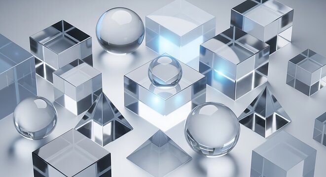 Collection of clear crystal geometric shape object including cube sphere and pyramid on a light gray surface with soft blue glow
