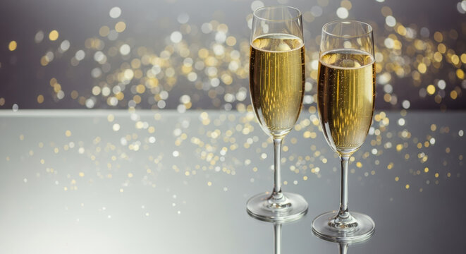 Two crystal champagne flutes filled with bubbly reflective surface, creating festive atmosphere